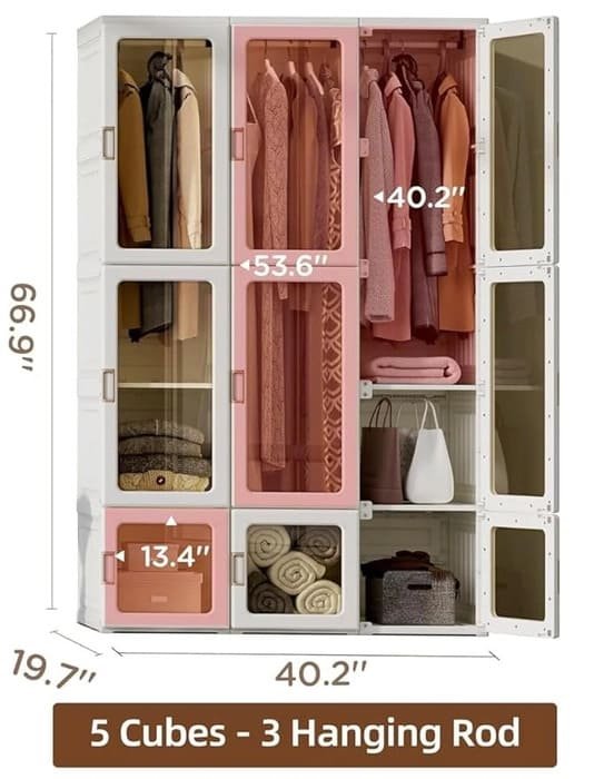 Portable Wardrobe Closet Organizer Large Capacity 20 Deep Plastic Armoire with Magnetic Doors