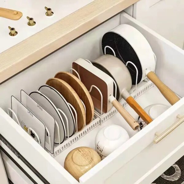 H6a90d4ffd35a4d5692424232f3a37633Y Expandable Pan and Lid Organizer Rack